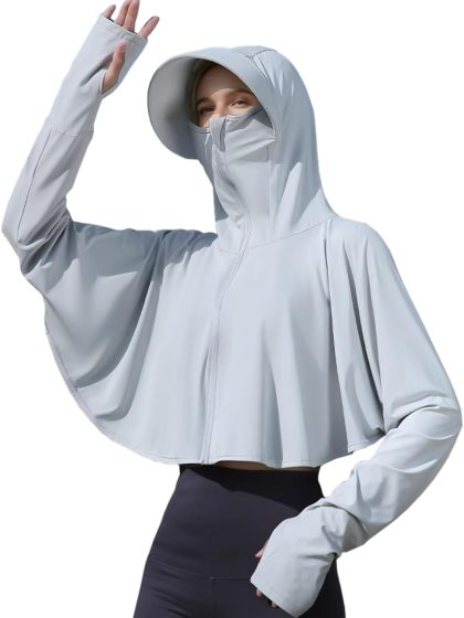 Womens UPF 50+ Sun Hoodie Shirts with Mask and Brim,Long Sleeve UV Protection Ice Silk Sunscreen Clothes