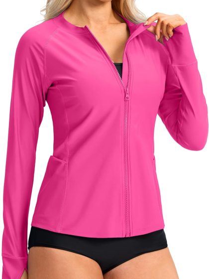 Women's Rash Guard UPF50+ SPF UV Protection Long Sleeve Swimsuit Top with Pockets Zip Front Swim Shirts Woman