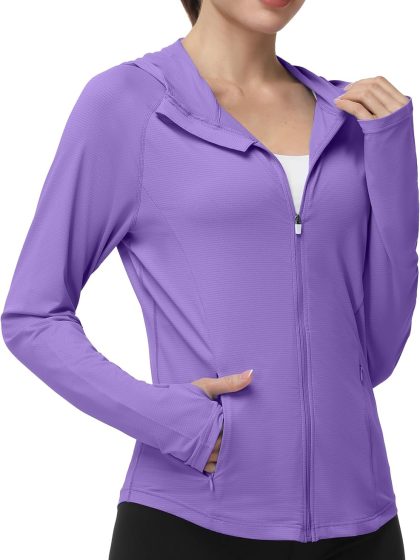 Women’s Sun Protection Hoodie Jacket, UPF 50+ SPF Lightweight Long Sleeve Full Zip Workout Shirts for Hiking Running